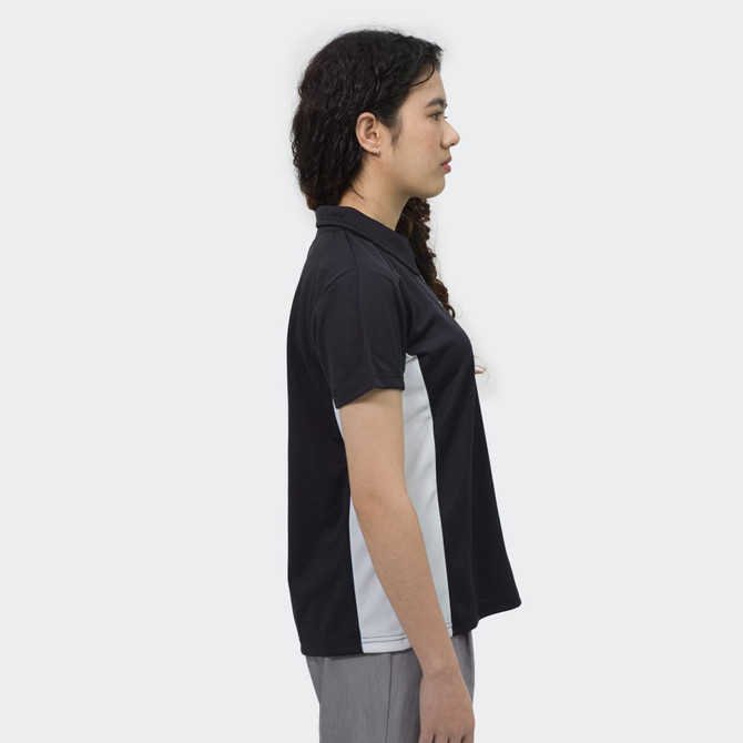 A black and grey women's polo shirt is displayed on a model from the side, featuring a logo on the chest.