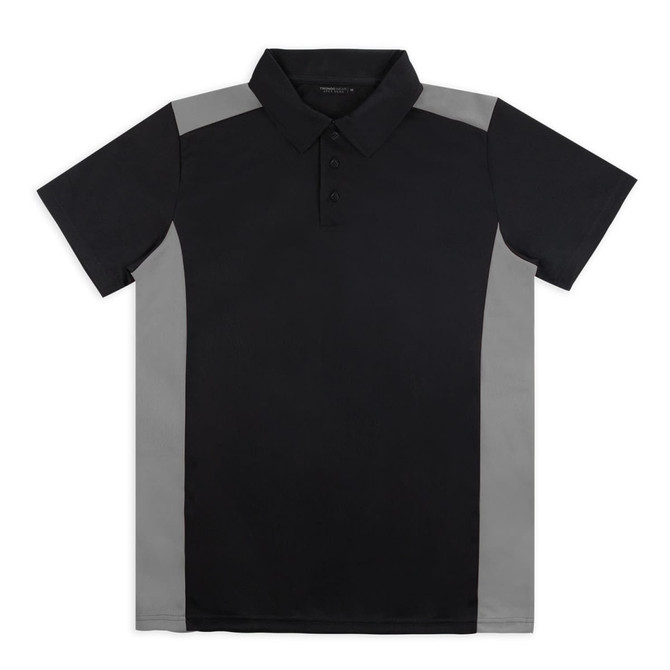 A black polo shirt with grey side panels and a collar, featuring a logo on the front.