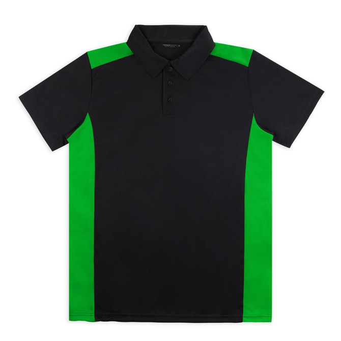 A polo shirt in black and bright green, featuring a collar and a logo on the left side.