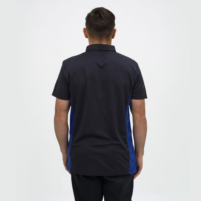A men's polo shirt in black with blue side panels, featuring a collar and a logo on the back.