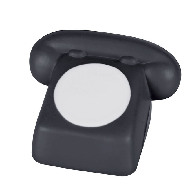 A black stress telephone shaped product with a round white centre and rounded handle. It features a branding logo.