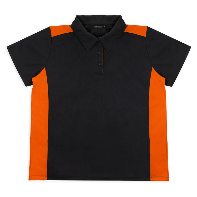 A black and orange women's polo shirt featuring a collar and short sleeves, with a logo on the chest.
