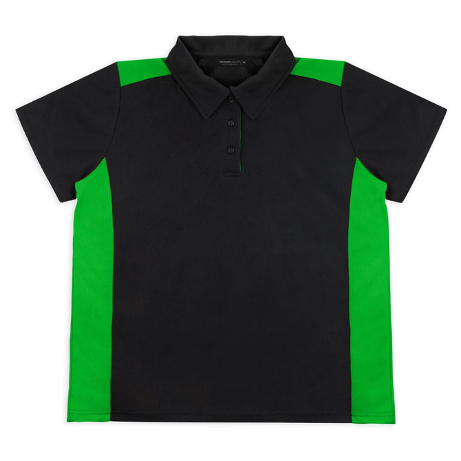A black polo shirt featuring green side panels and a collar. The shirt has a logo on it.