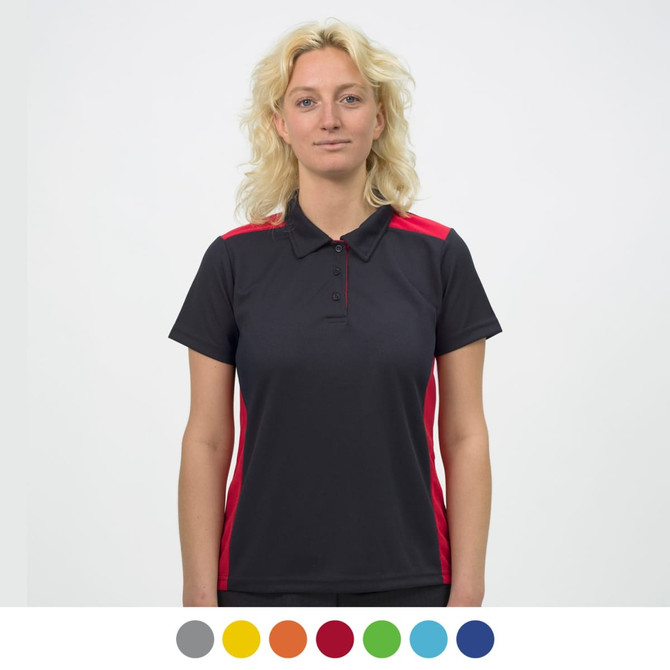 A woman wearing a black polo shirt with red accents, featuring a collar and buttons. The design includes a logo.