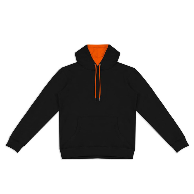 A unisex hoodie featuring a black exterior and orange lining, with a kangaroo pocket and drawstring hood.