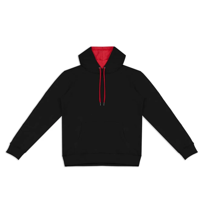A black unisex hoodie with a contrasting red interior and drawstrings, featuring a front pocket and a logo.