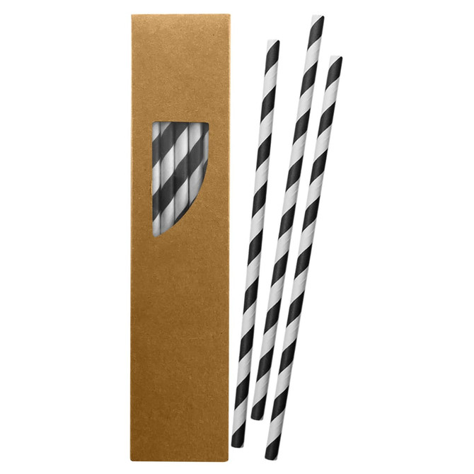 A set of black and white paper straws in a cardboard box with a transparent window.