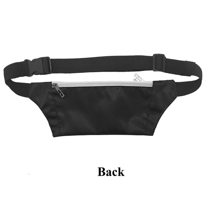 A black waist fitness belt with a zippered pocket and adjustable strap. It features a logo on the front.