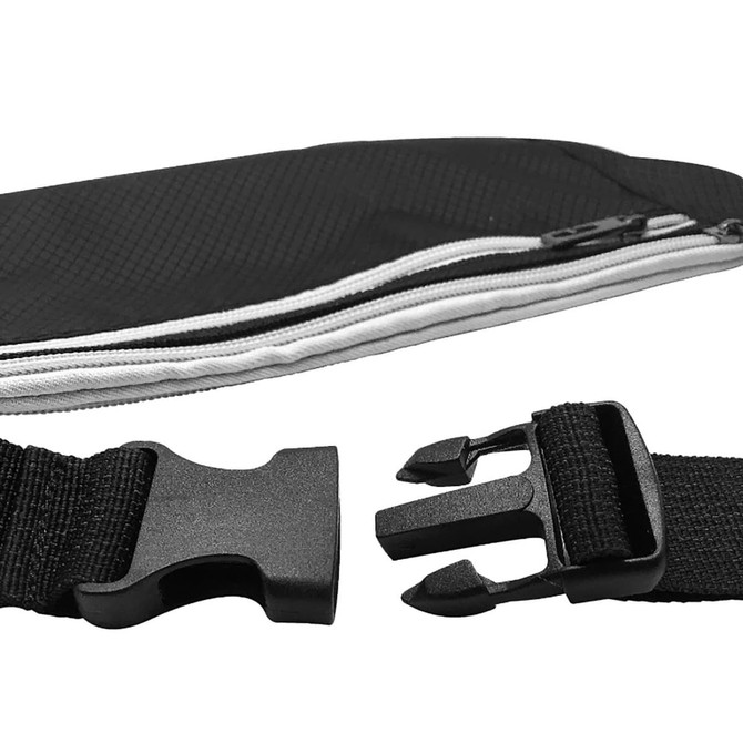 A black waist fitness belt features a zippered pocket and a black adjustable buckle. It has a textured design.