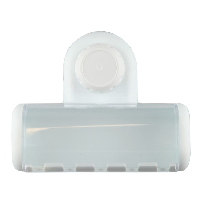 A transparent toothbrush holder in white, featuring a rounded top and multiple slots for toothbrushes.