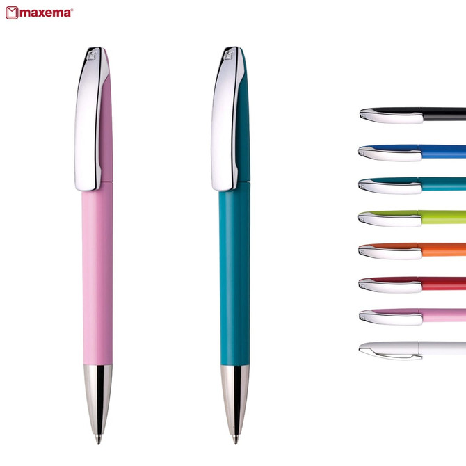 Two plastic pens in pink and teal, alongside a selection of pens in various colours including black, blue, green, orange, and red.