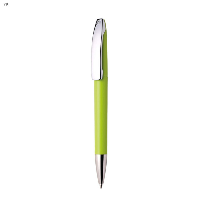 A green plastic pen with a chrome clip and tip, featuring a branding logo.