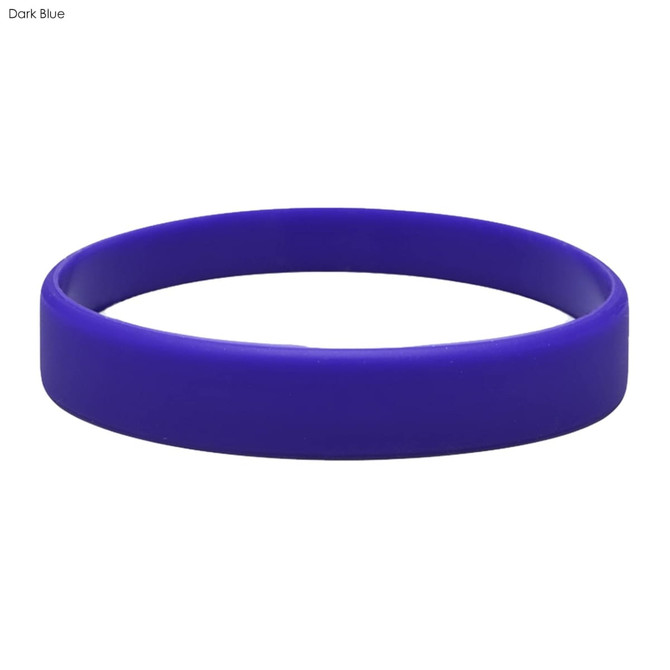 A dark blue silicone wristband with a smooth texture and a simple round design. It features a logo but no text.