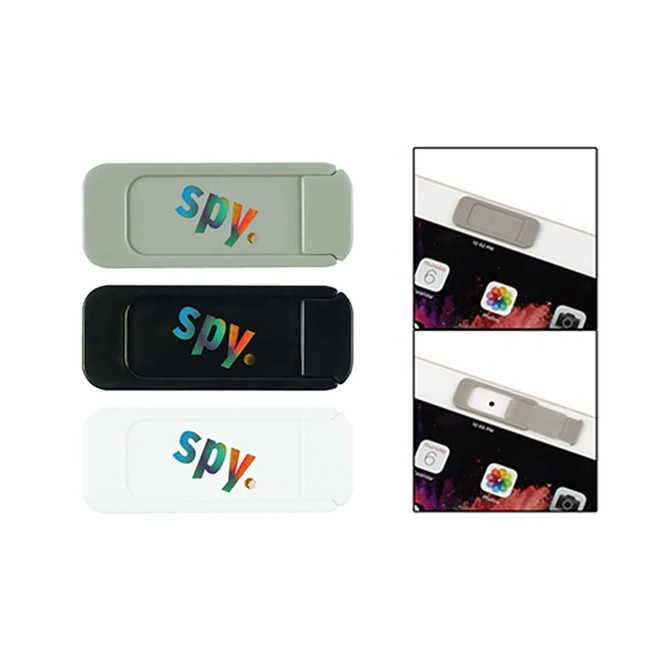 A set of three security webcam covers in grey, black, and white, featuring a logo. Each cover is designed to fit over a device’s camera.