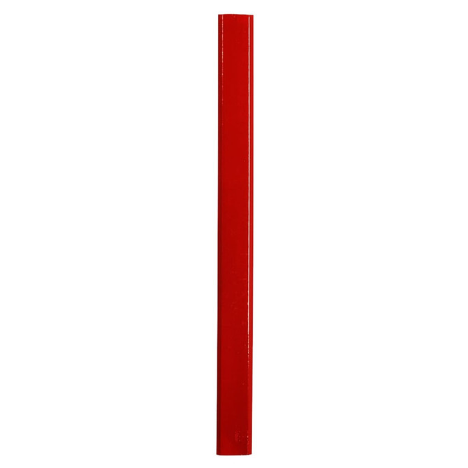 A red carpenter pencil with a smooth finish and a pointed tip, featuring a logo on one side.