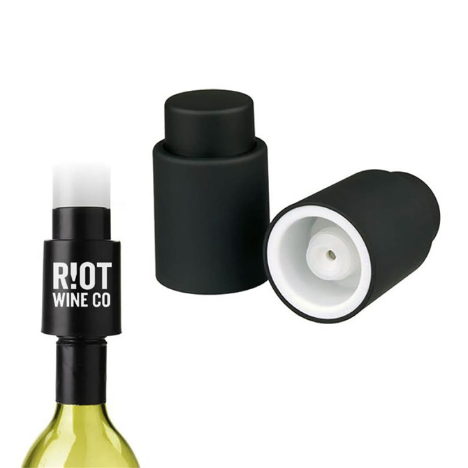 A wine stopper in black, featuring a logo, designed to seal opened bottles of wine.