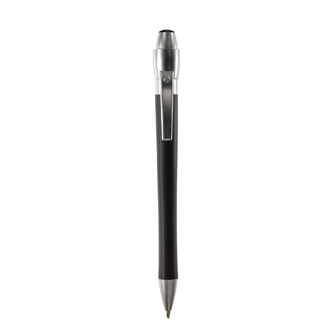 A metal pen in black with a silver trim and clip. The pen features a sleek, modern design and includes a logo.
