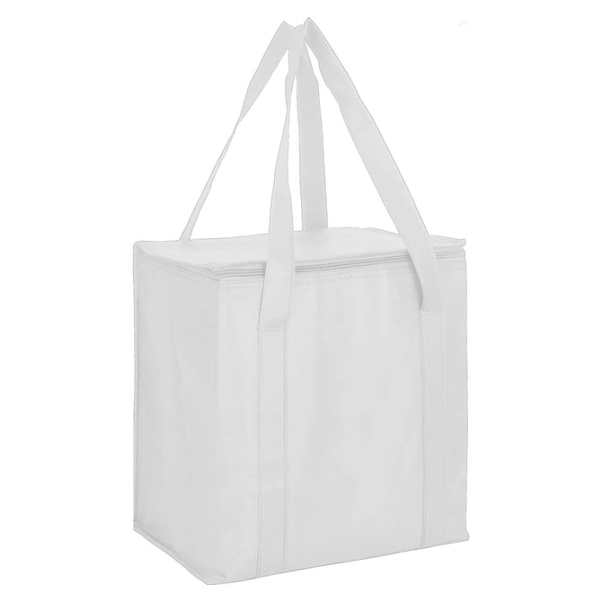 A white non-woven cooler bag with a zipped lid and two handles. It features branding on one side.