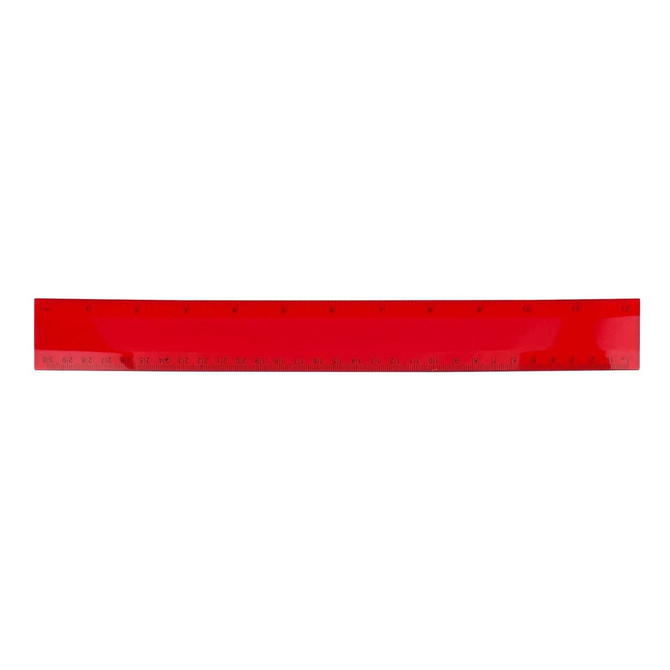 A red PVC soft plastic ruler with measurement markings and a logo.