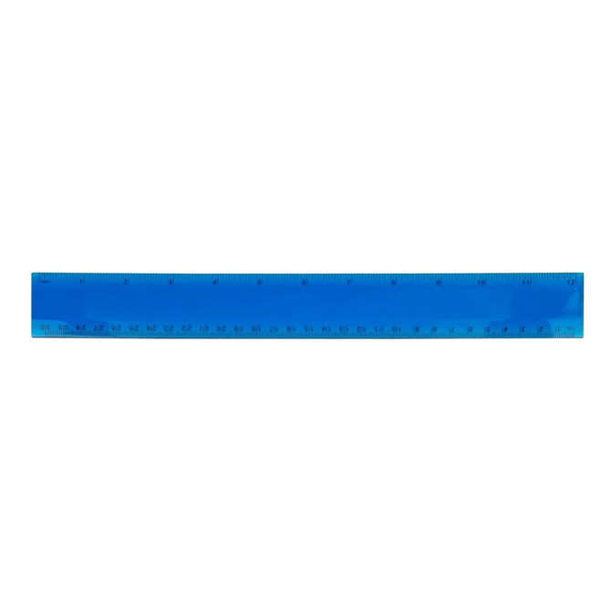 A blue PVC soft plastic ruler with measurement markings in millimetres along its length. Features a logo.