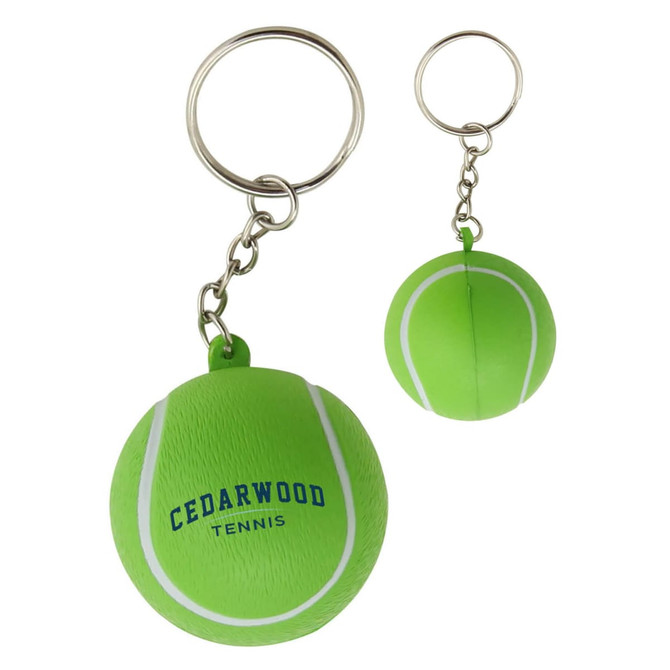 A green stress tennis ball key ring with white markings and a small logo. It's attached to a metal key ring.