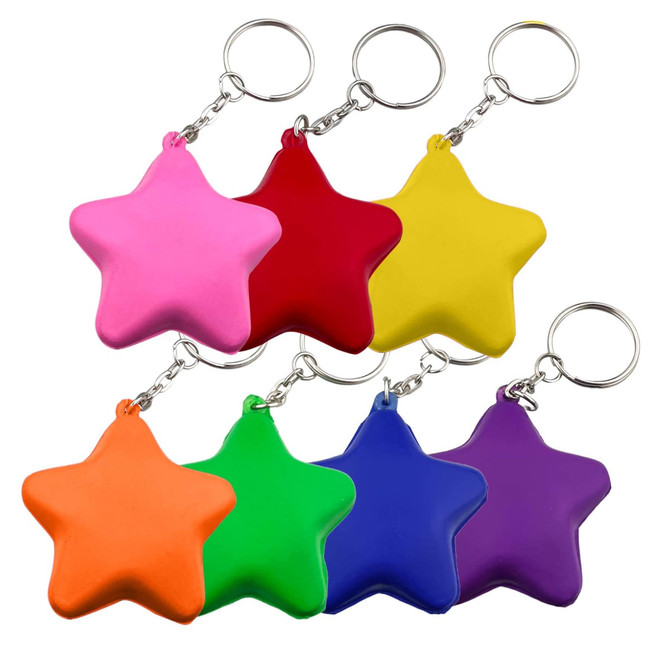 A collection of star-shaped key rings in pink, red, yellow, orange, green, blue, and purple, each with a metal keychain.
