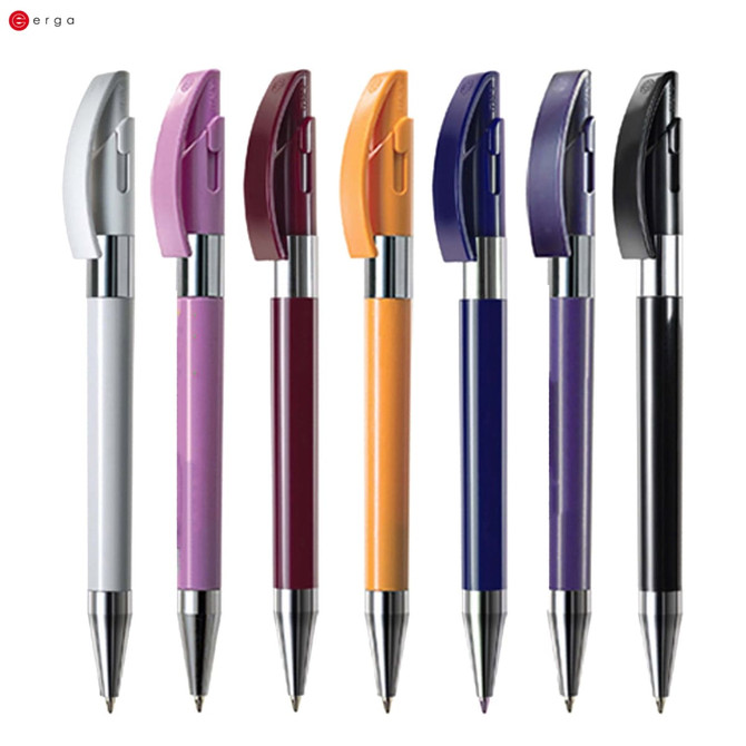 A collection of metal pens in white, purple, maroon, orange, dark blue, and black, featuring a logo on the left.