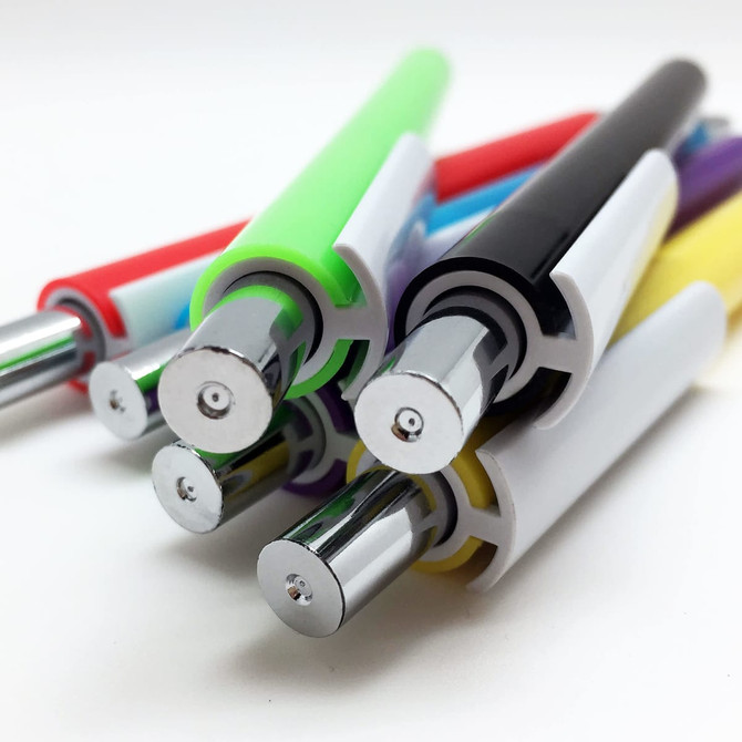 A collection of plastic pens in various colours including green, red, black, yellow, and purple, featuring chrome accents.