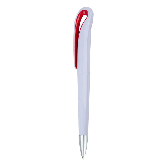 A plastic pen featuring a light purple body and a red grip, with a silver nib and branding.