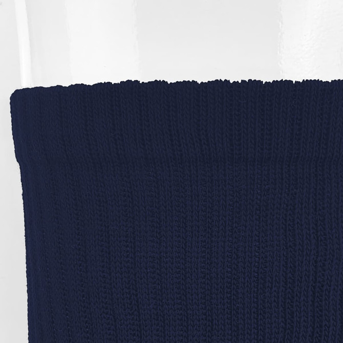 Navy blue crew socks with a ribbed texture and a logo visible on the upper section.