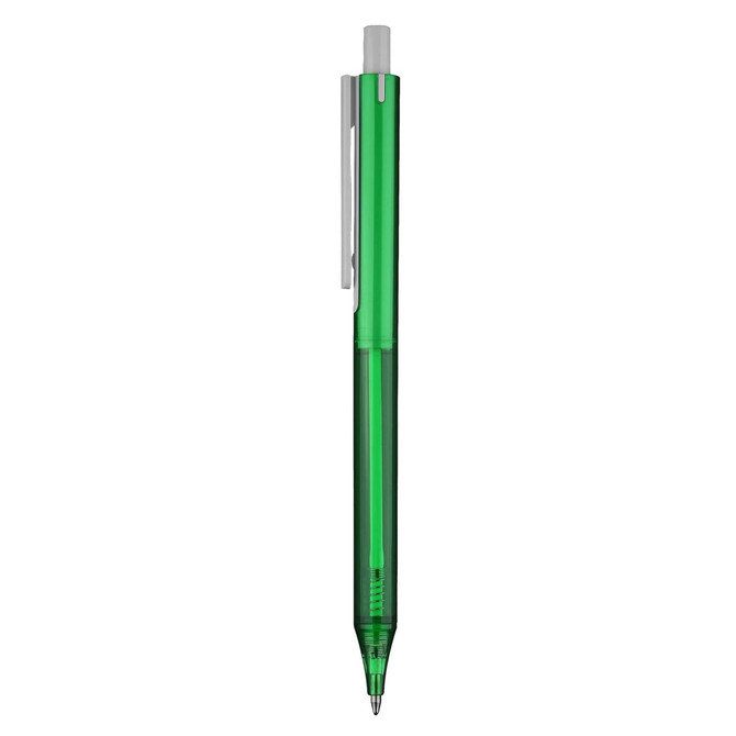 A green plastic pen with a transparent body and silver clip, featuring a ballpoint tip.