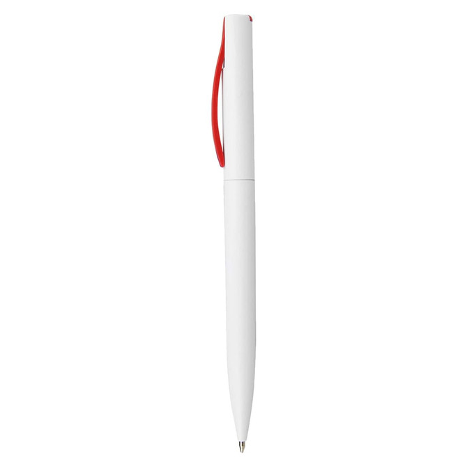 A plastic pen in white with a red clip, featuring a branding logo.