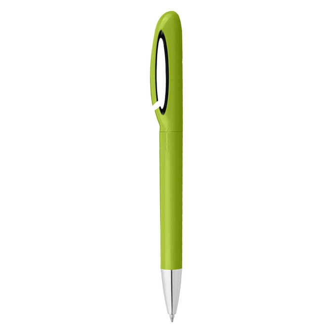 A plastic pen in a vibrant lime green colour with a silver tip and a built-in clip for easy attachment.