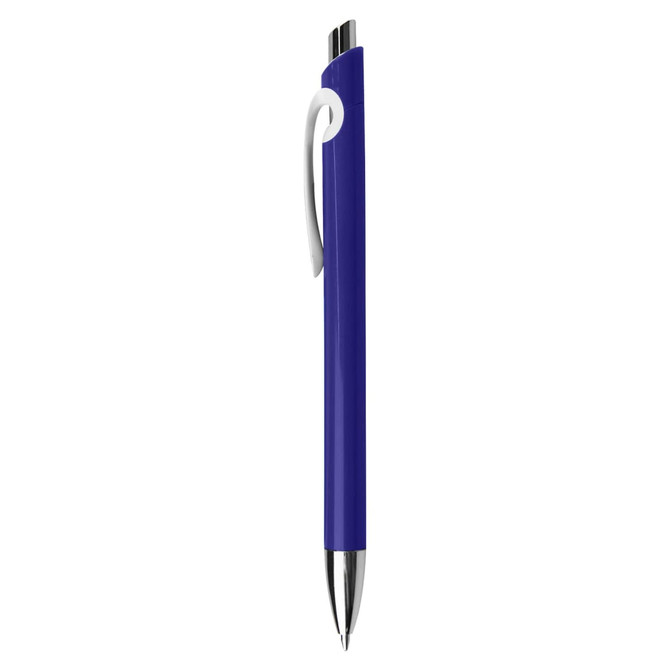 A plastic pen in a vibrant blue colour with a silver clip and a sleek design.