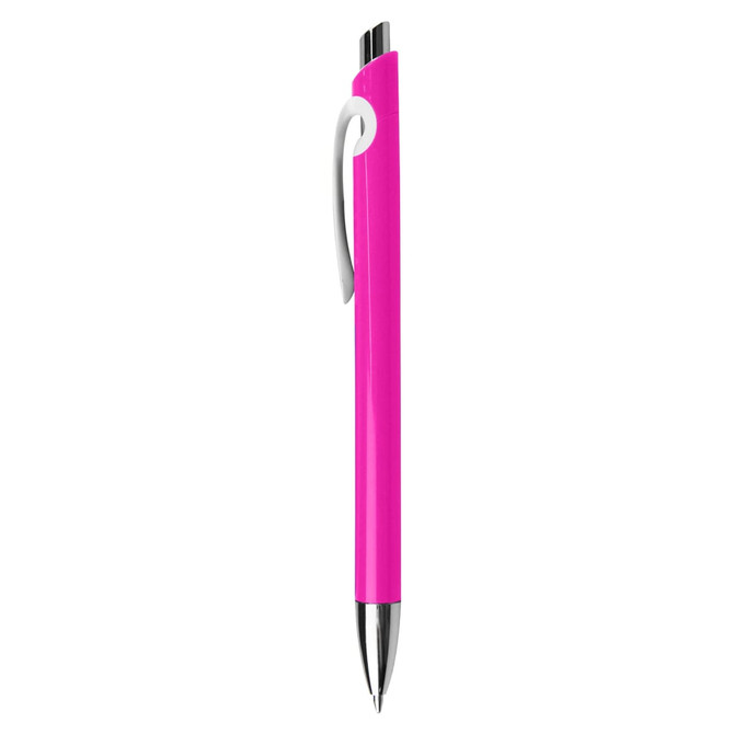 A pink plastic pen with a silver clip and a curved design. It features a logo on the body.
