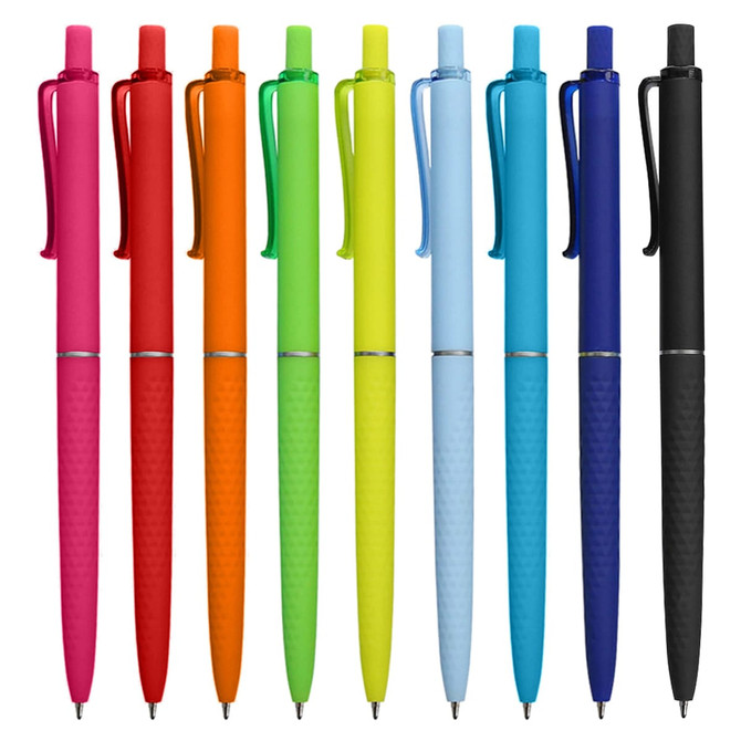 A collection of plastic pens in pink, red, orange, green, yellow, blue, and black, featuring various vibrant colours and a logo.