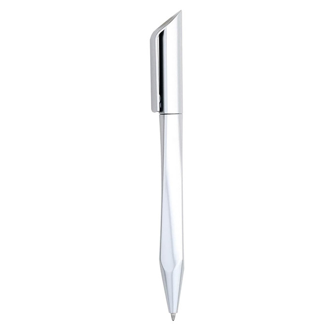 A shiny silver plastic pen with a sleek, tapered design and a chrome finish. It features a logo on the barrel.