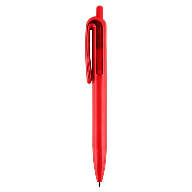 A red plastic pen with a transparent section and a built-in clip. It features a smooth barrel design.
