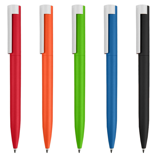 A set of plastic pens in red, orange, green, blue, and black, each featuring a clip and a branding logo.