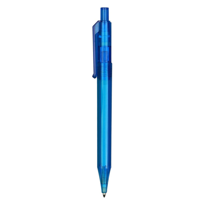 A blue plastic pen with a clip and transparent barrel, featuring a logo on the side.