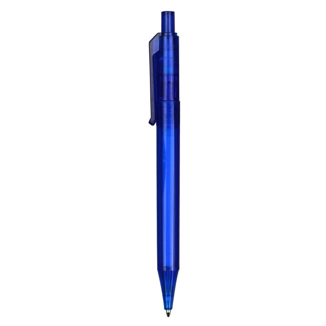 A blue plastic pen featuring a transparent barrel and a clip on the side. The pen has a branding logo.