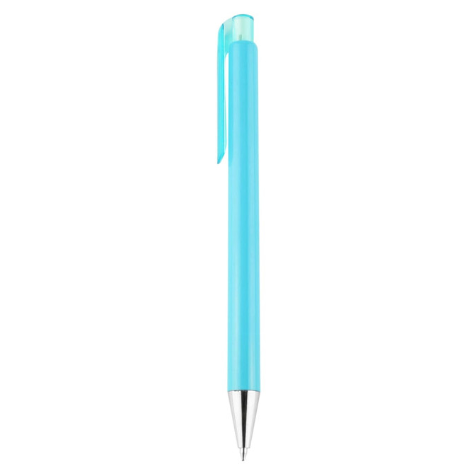 A plastic pen in a bright blue colour with a transparent blue clip and silver tip. It features a logo.