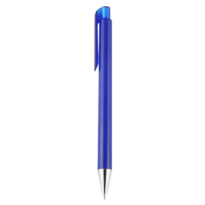 A blue plastic pen with a silver tip and clip, featuring a logo on its surface.