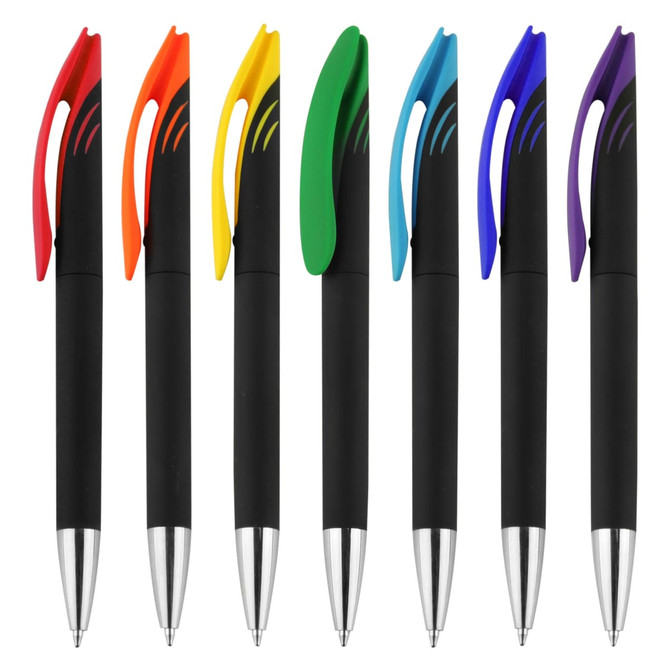 A set of plastic pens in red, yellow, green, blue, and purple, with black grips and silver accents. Each pen has a logo.