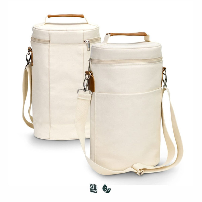 A double wine cooler bag in cream colour with a shoulder strap and a front pocket. Features a logo.