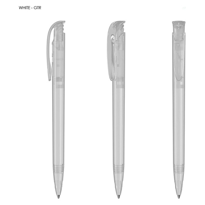 Three transparent plastic pens in white, featuring a clip and a smooth design. Each pen has a barrel with a visible ink mechanism.
