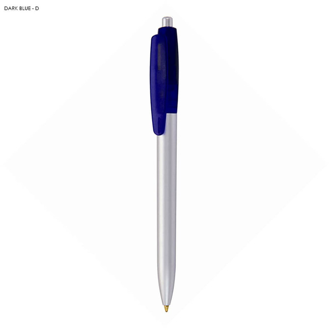 A plastic pen with a dark blue grip and silver barrel, featuring a logo.