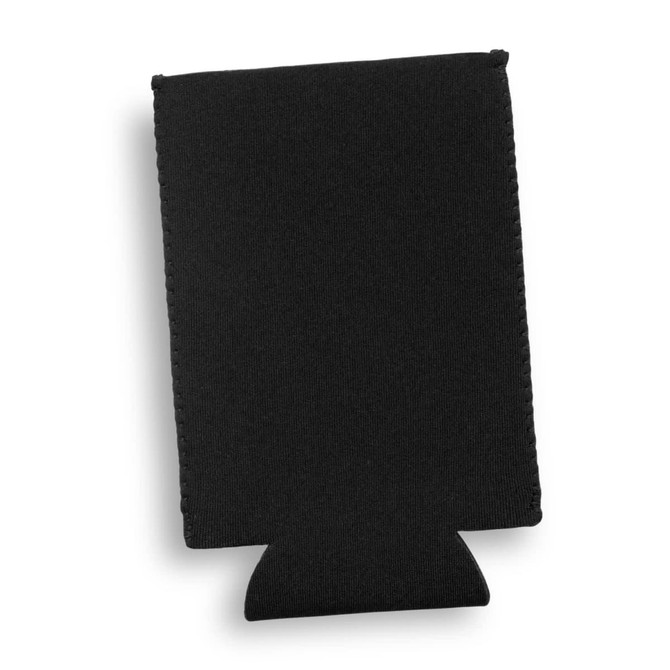 A black slim can cooler featuring a stitched edge and an opening at the bottom. It has a logo or branding.