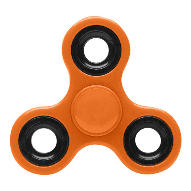 An orange fidget spinner with black bearings at each end, featuring a central circular button.