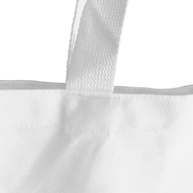A white tote bag featuring a sturdy handle and textured fabric. It includes a branding logo on the side.